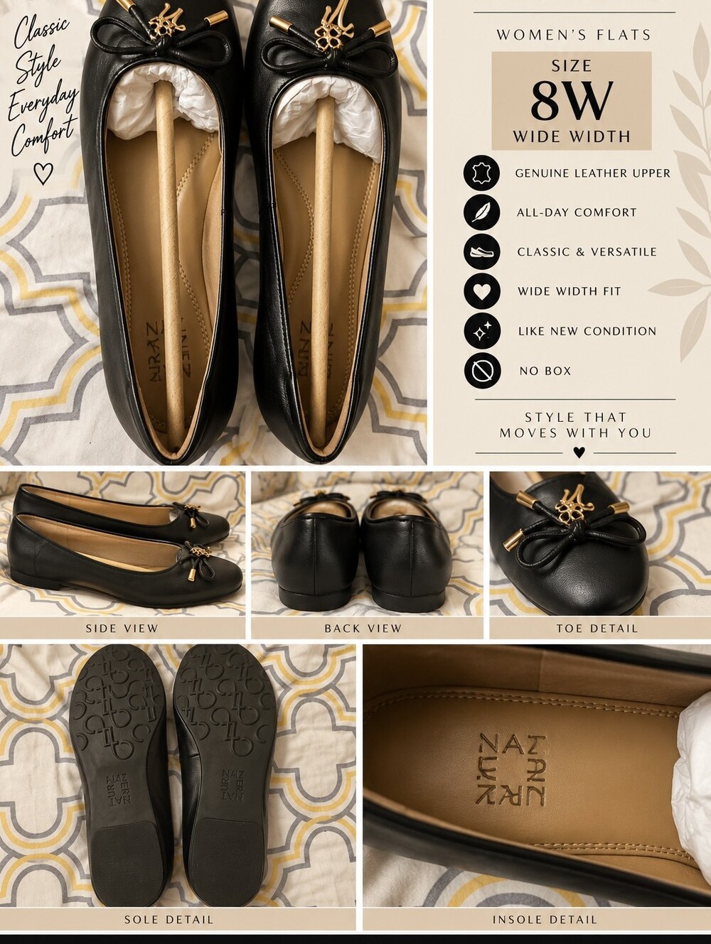 NWOB Naturalizer Black Leather Bow Ballet Flats - 8W Wide